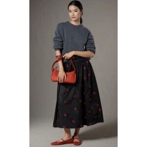 Anthropologie Avec Les Filles Midi Skirt Cherry Appliqué Full Preppy Large NWT